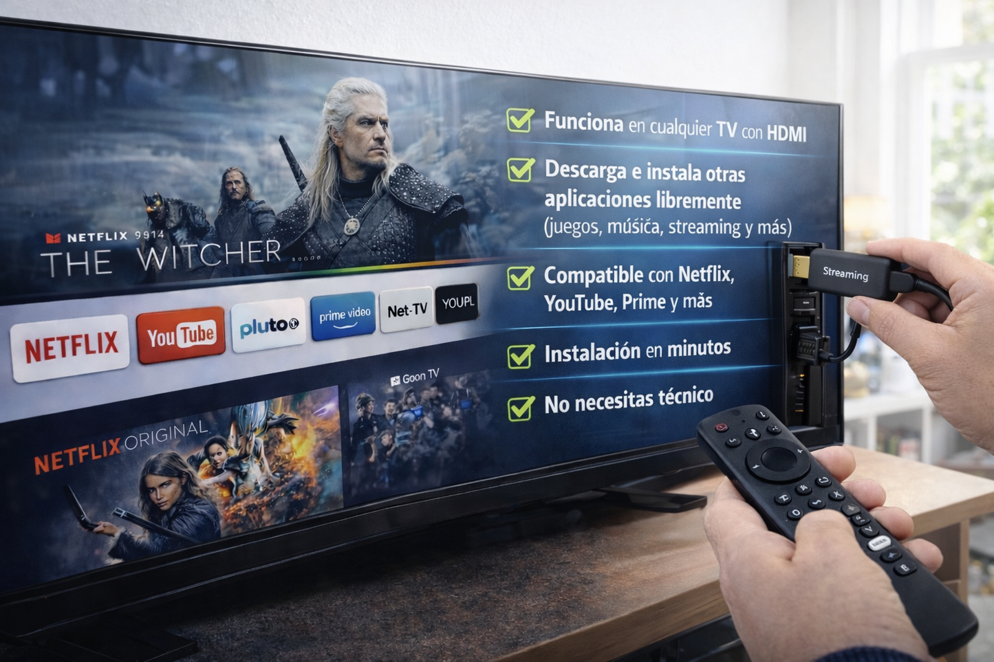 Android TV Stick Pro Max™
Convierte cualquier TV en Smart TV en 2 minutos — sin técnicos, sin instalaciones.